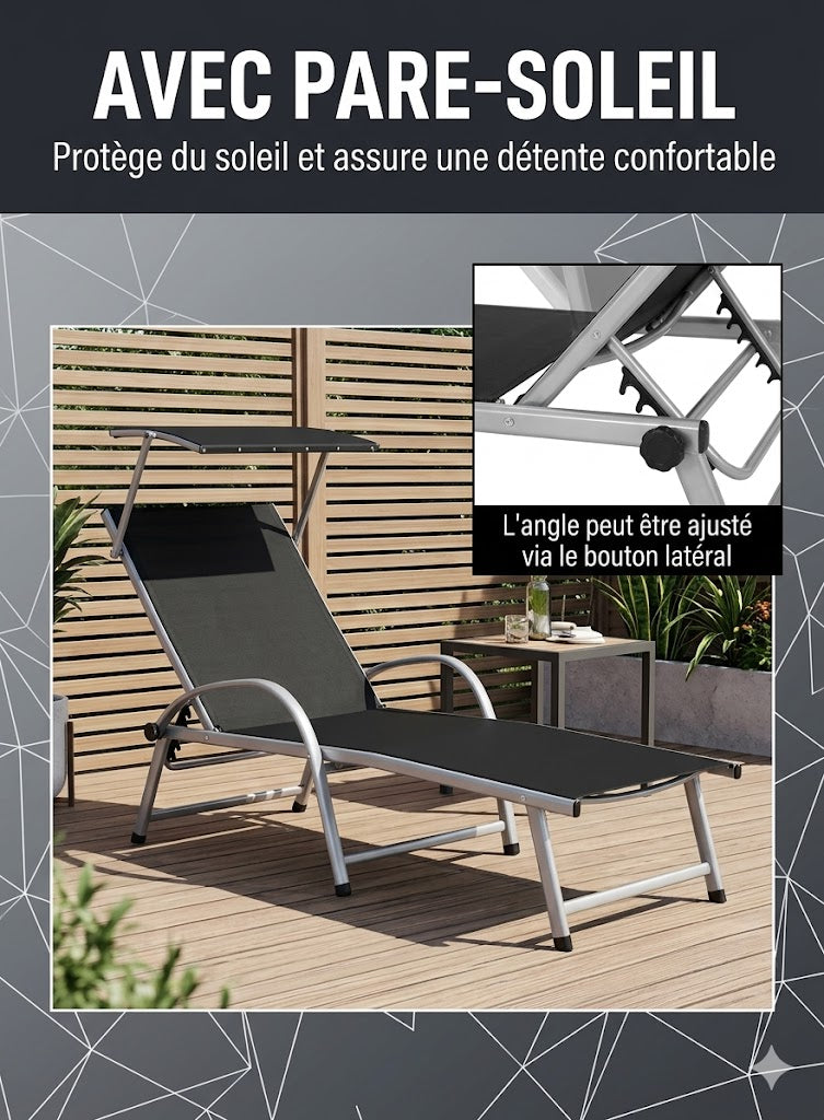 Chaise longue pliante jardin avec pare-soleil noir 187cm