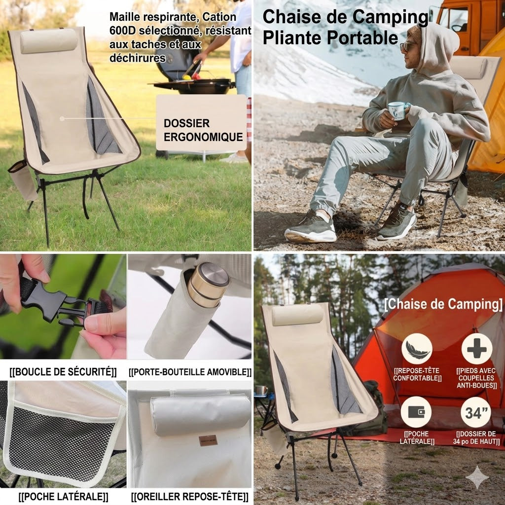 Chaise pliante camping légère portable avec sac de transport inclus
