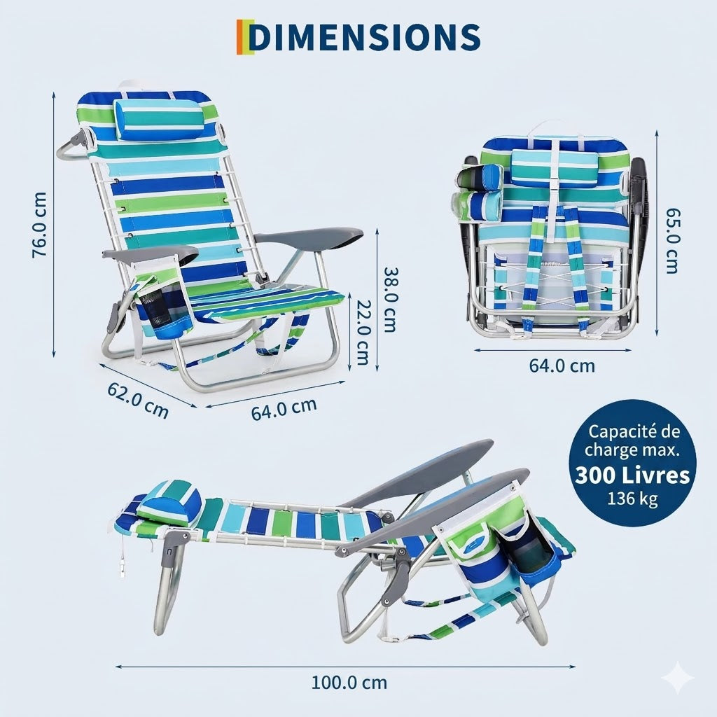Chaise pliante plage inclinable portable avec appui-tête & porte-gobelet – Lot de 2