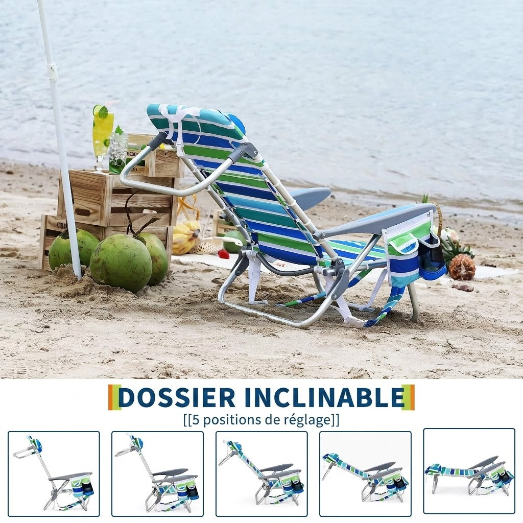 Chaise pliante plage inclinable portable avec appui-tête & porte-gobelet – Lot de 2