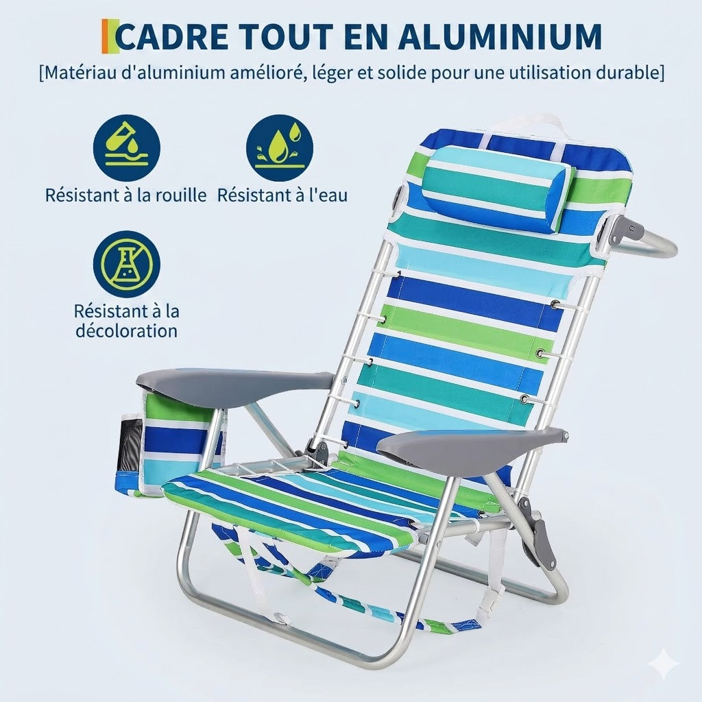 Chaise pliante plage inclinable portable avec appui-tête & porte-gobelet – Lot de 2
