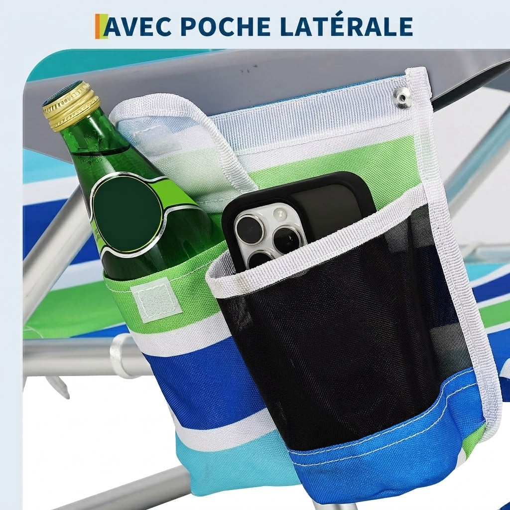 Chaise pliante plage inclinable portable avec appui-tête & porte-gobelet – Lot de 2
