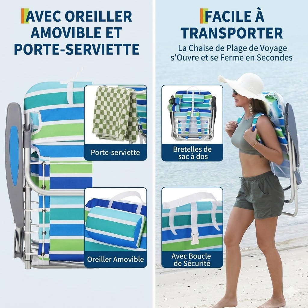 Chaise pliante plage inclinable portable avec appui-tête & porte-gobelet – Lot de 2