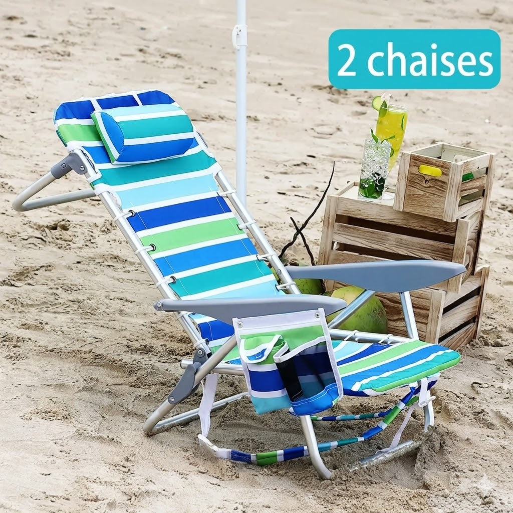 Chaise pliante plage inclinable portable avec appui-tête & porte-gobelet – Lot de 2