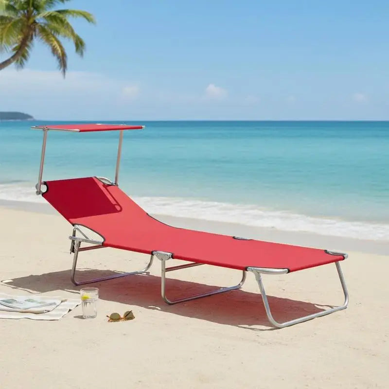 Chaise longue pliante de plage avec pare-soleil rouge 187cm