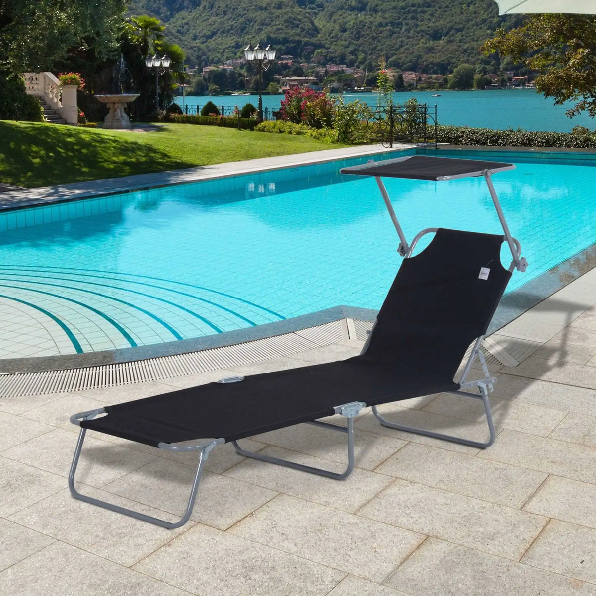 Chaise longue pliante jardin avec pare-soleil noir 187cm