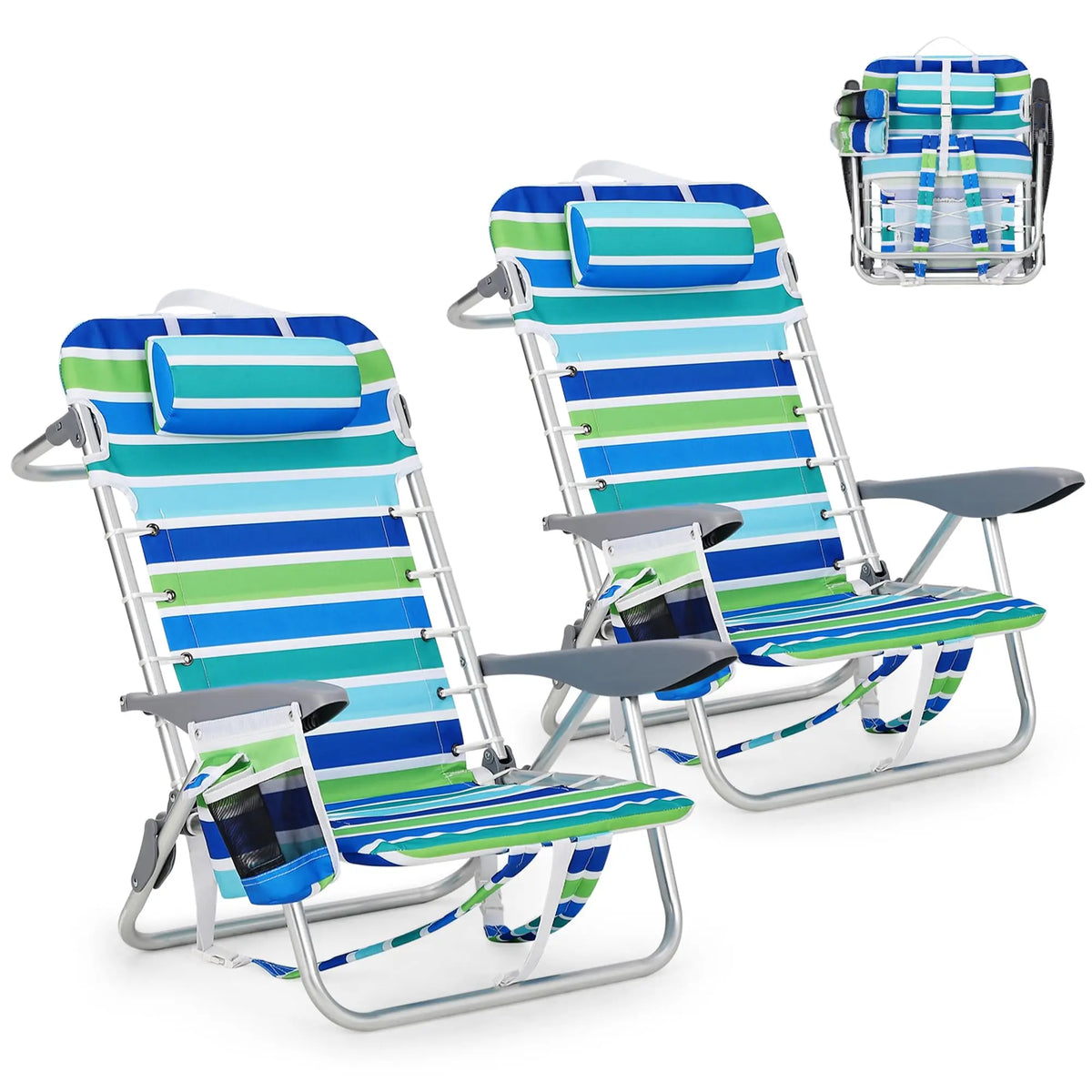 Chaise pliante plage inclinable portable avec appui-tête & porte-gobelet – Lot de 2