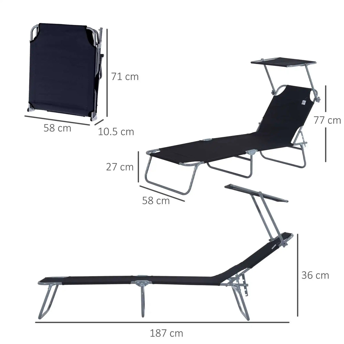 Chaise longue pliante de plage avec pare-soleil rouge 187cm