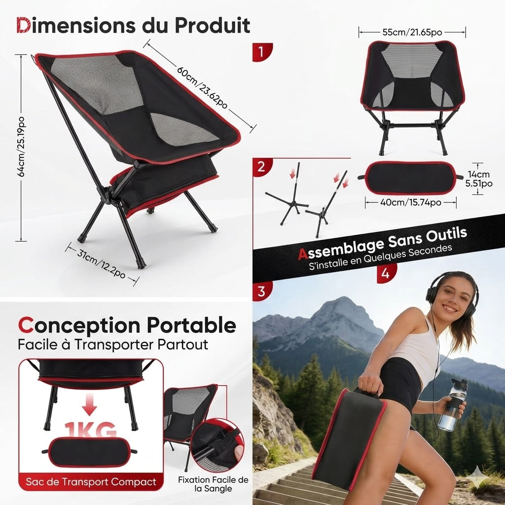 Chaise pliante camping légère ergonomique Oxford & maille